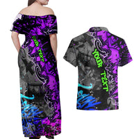 Hip Hop Battle Couples Matching Off Shoulder Maxi Dress and Hawaiian Shirt Smoking Ape Character and Purple Green Graffiti Street Art Design - Wonder Print Shop