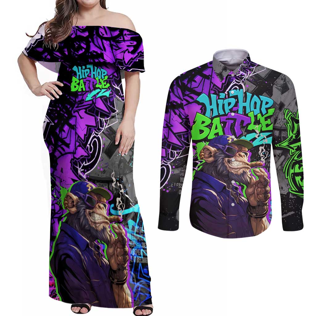 Hip Hop Battle Couples Matching Off Shoulder Maxi Dress and Long Sleeve Button Shirt Smoking Ape Character and Purple Green Graffiti Street Art Design - Wonder Print Shop