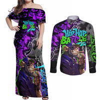 Hip Hop Battle Couples Matching Off Shoulder Maxi Dress and Long Sleeve Button Shirt Smoking Ape Character and Purple Green Graffiti Street Art Design - Wonder Print Shop