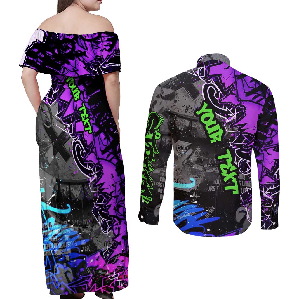Hip Hop Battle Couples Matching Off Shoulder Maxi Dress and Long Sleeve Button Shirt Smoking Ape Character and Purple Green Graffiti Street Art Design - Wonder Print Shop