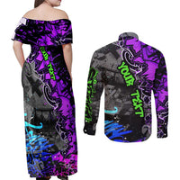 Hip Hop Battle Couples Matching Off Shoulder Maxi Dress and Long Sleeve Button Shirt Smoking Ape Character and Purple Green Graffiti Street Art Design - Wonder Print Shop