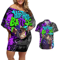 Hip Hop Battle Couples Matching Off Shoulder Short Dress and Hawaiian Shirt Smoking Ape Character and Purple Green Graffiti Street Art Design - Wonder Print Shop