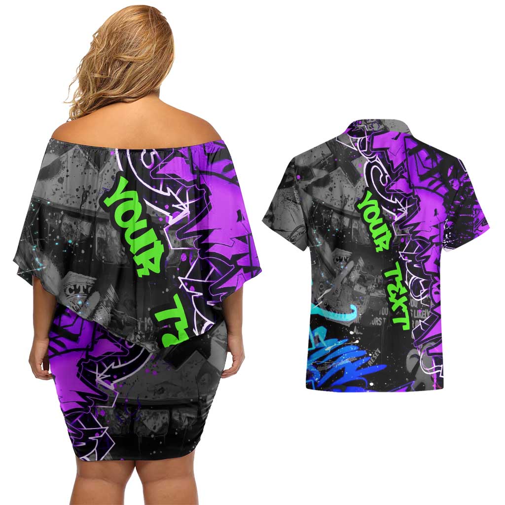 Hip Hop Battle Couples Matching Off Shoulder Short Dress and Hawaiian Shirt Smoking Ape Character and Purple Green Graffiti Street Art Design - Wonder Print Shop
