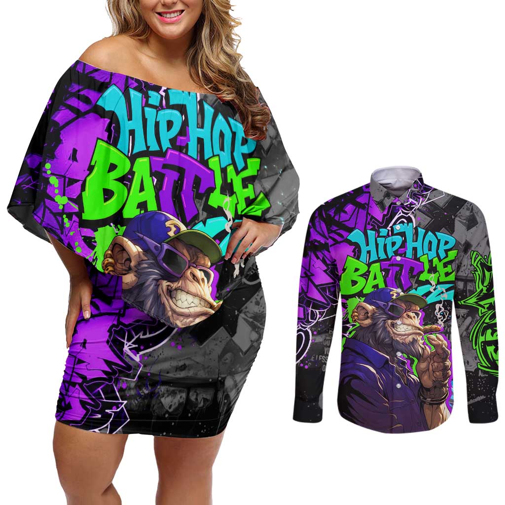 Hip Hop Battle Couples Matching Off Shoulder Short Dress and Long Sleeve Button Shirt Smoking Ape Character and Purple Green Graffiti Street Art Design - Wonder Print Shop