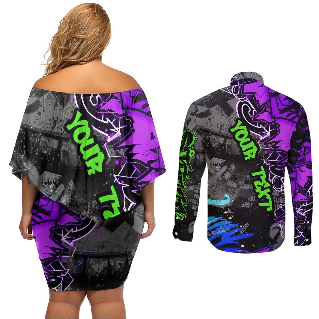 Hip Hop Battle Couples Matching Off Shoulder Short Dress and Long Sleeve Button Shirt Smoking Ape Character and Purple Green Graffiti Street Art Design - Wonder Print Shop