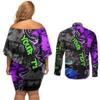 Hip Hop Battle Couples Matching Off Shoulder Short Dress and Long Sleeve Button Shirt Smoking Ape Character and Purple Green Graffiti Street Art Design - Wonder Print Shop