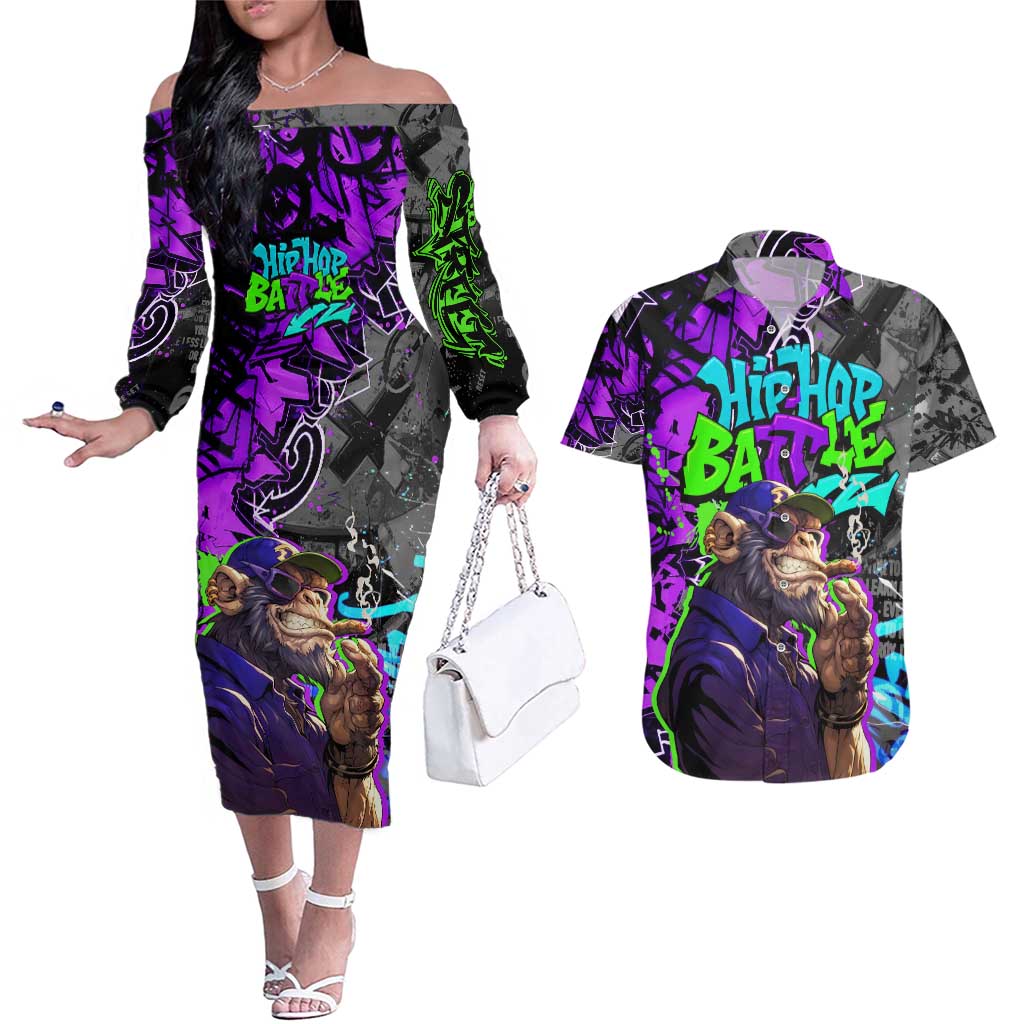 Hip Hop Battle Couples Matching Off The Shoulder Long Sleeve Dress and Hawaiian Shirt Smoking Ape Character and Purple Green Graffiti Street Art Design - Wonder Print Shop