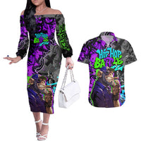 Hip Hop Battle Couples Matching Off The Shoulder Long Sleeve Dress and Hawaiian Shirt Smoking Ape Character and Purple Green Graffiti Street Art Design - Wonder Print Shop