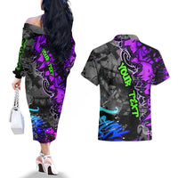 Hip Hop Battle Couples Matching Off The Shoulder Long Sleeve Dress and Hawaiian Shirt Smoking Ape Character and Purple Green Graffiti Street Art Design - Wonder Print Shop