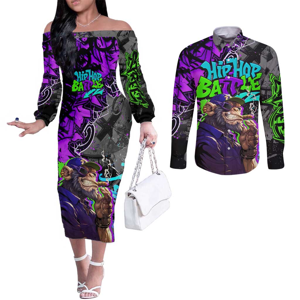 Hip Hop Battle Couples Matching Off The Shoulder Long Sleeve Dress and Long Sleeve Button Shirt Smoking Ape Character and Purple Green Graffiti Street Art Design - Wonder Print Shop