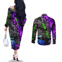 Hip Hop Battle Couples Matching Off The Shoulder Long Sleeve Dress and Long Sleeve Button Shirt Smoking Ape Character and Purple Green Graffiti Street Art Design - Wonder Print Shop