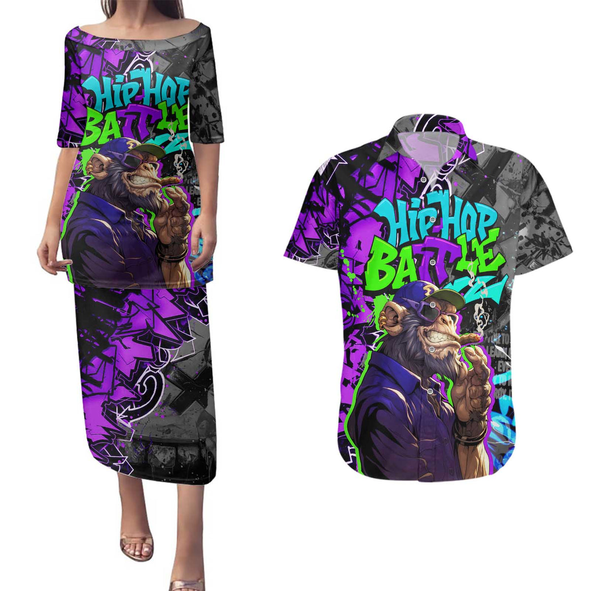 Hip Hop Battle Couples Matching Puletasi and Hawaiian Shirt Smoking Ape Character and Purple Green Graffiti Street Art Design - Wonder Print Shop