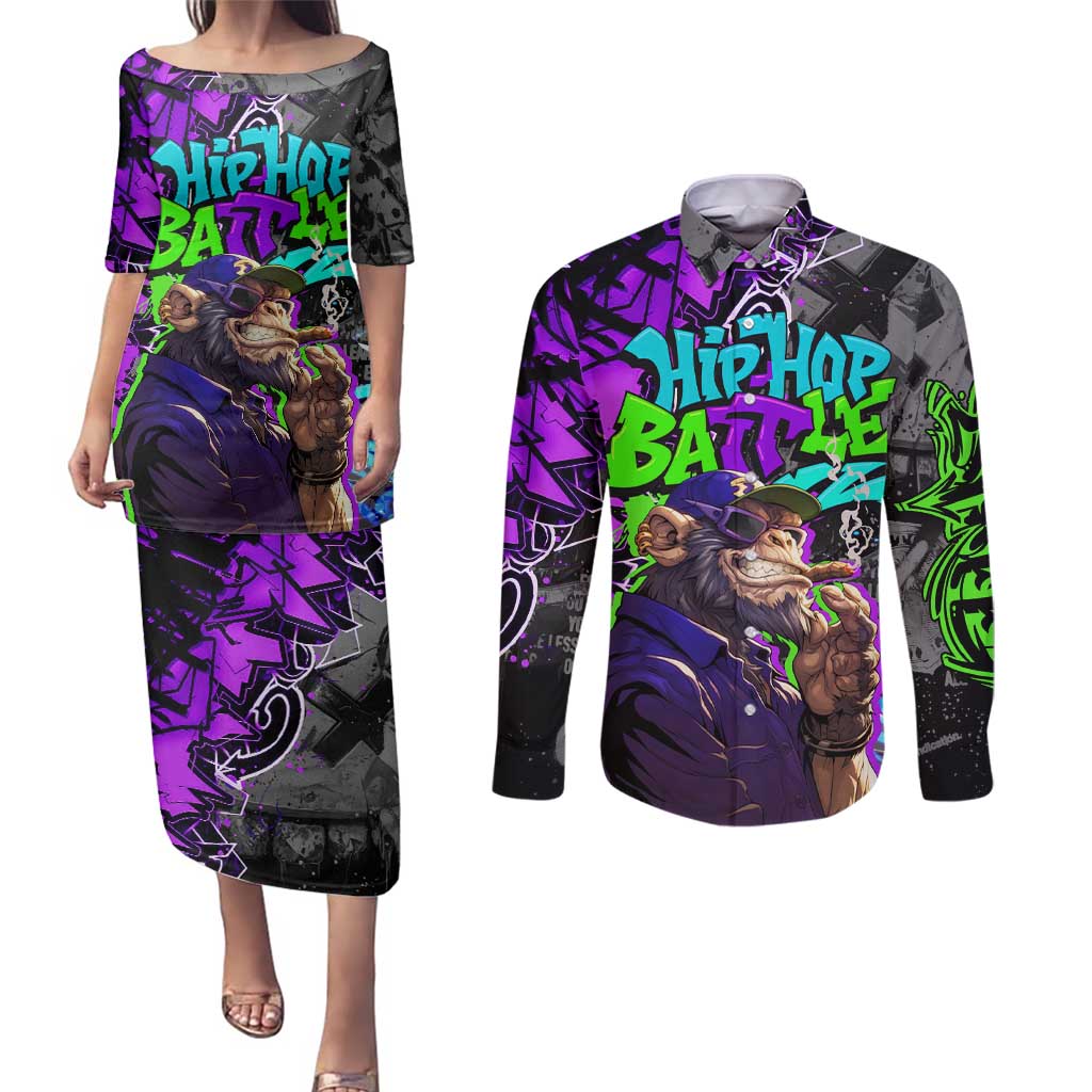 Hip Hop Battle Couples Matching Puletasi and Long Sleeve Button Shirt Smoking Ape Character and Purple Green Graffiti Street Art Design - Wonder Print Shop