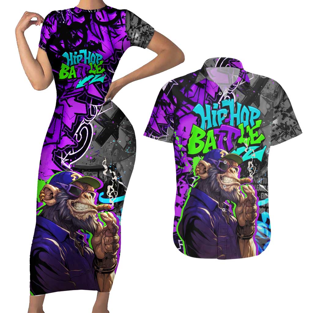 Hip Hop Battle Couples Matching Short Sleeve Bodycon Dress and Hawaiian Shirt Smoking Ape Character and Purple Green Graffiti Street Art Design - Wonder Print Shop