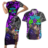 Hip Hop Battle Couples Matching Short Sleeve Bodycon Dress and Hawaiian Shirt Smoking Ape Character and Purple Green Graffiti Street Art Design - Wonder Print Shop