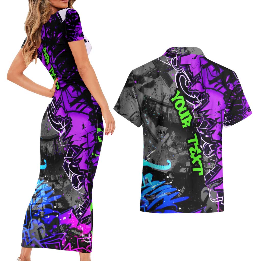 Hip Hop Battle Couples Matching Short Sleeve Bodycon Dress and Hawaiian Shirt Smoking Ape Character and Purple Green Graffiti Street Art Design - Wonder Print Shop