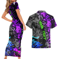 Hip Hop Battle Couples Matching Short Sleeve Bodycon Dress and Hawaiian Shirt Smoking Ape Character and Purple Green Graffiti Street Art Design - Wonder Print Shop