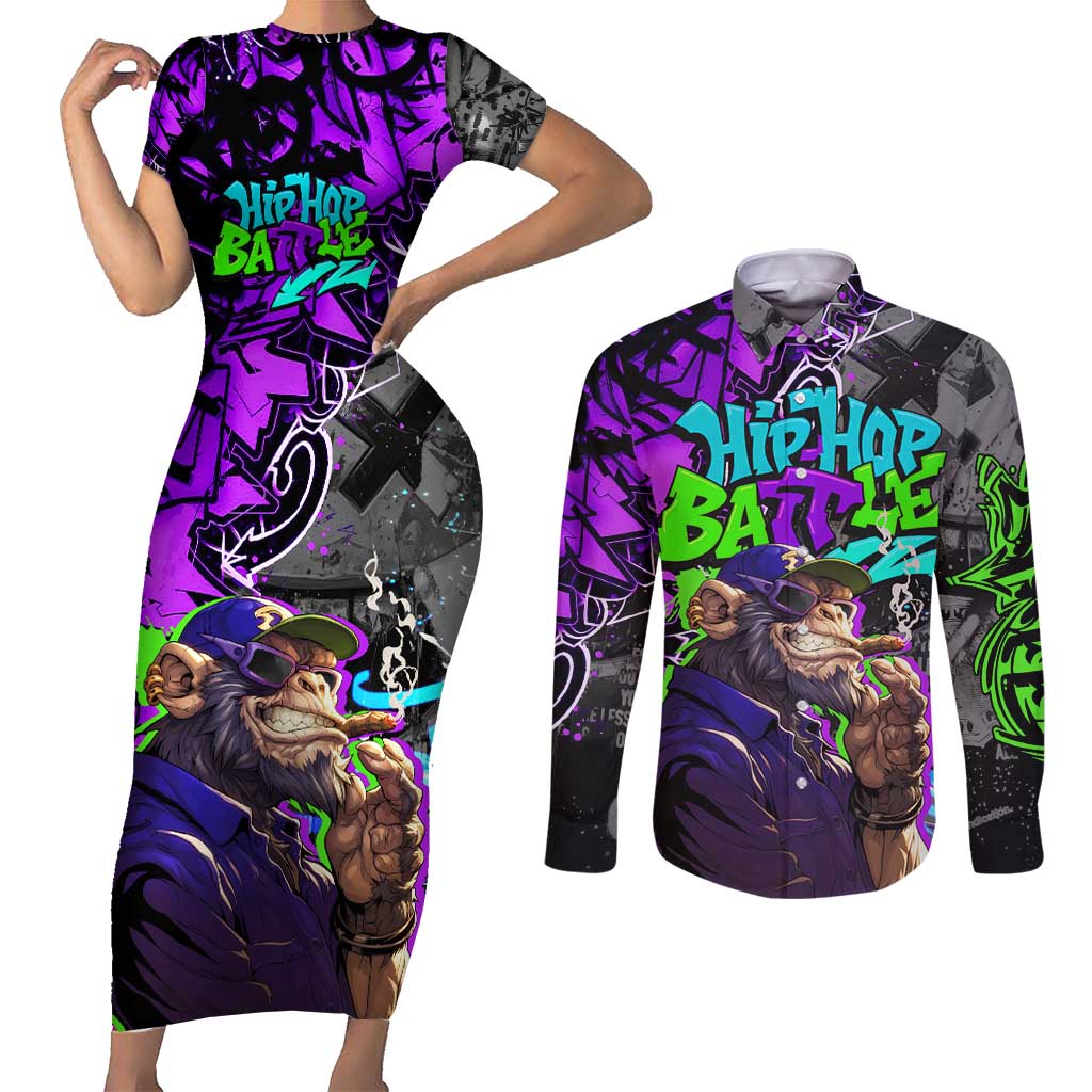 Hip Hop Battle Couples Matching Short Sleeve Bodycon Dress and Long Sleeve Button Shirt Smoking Ape Character and Purple Green Graffiti Street Art Design - Wonder Print Shop