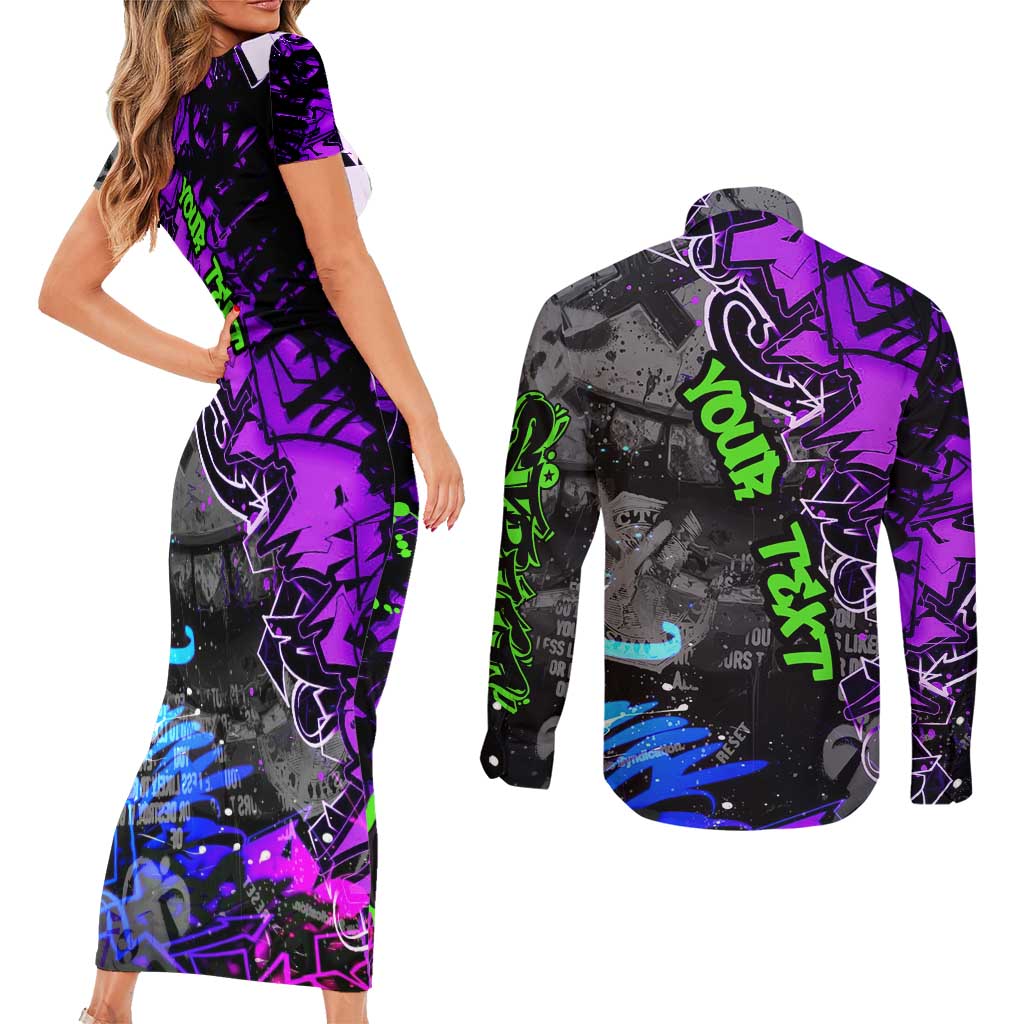 Hip Hop Battle Couples Matching Short Sleeve Bodycon Dress and Long Sleeve Button Shirt Smoking Ape Character and Purple Green Graffiti Street Art Design - Wonder Print Shop