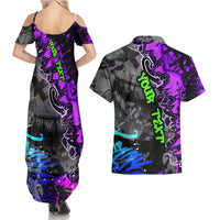 Hip Hop Battle Couples Matching Summer Maxi Dress and Hawaiian Shirt Smoking Ape Character and Purple Green Graffiti Street Art Design - Wonder Print Shop