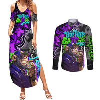 Hip Hop Battle Couples Matching Summer Maxi Dress and Long Sleeve Button Shirt Smoking Ape Character and Purple Green Graffiti Street Art Design - Wonder Print Shop
