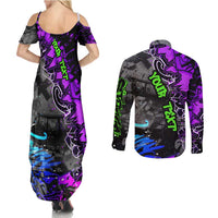 Hip Hop Battle Couples Matching Summer Maxi Dress and Long Sleeve Button Shirt Smoking Ape Character and Purple Green Graffiti Street Art Design - Wonder Print Shop