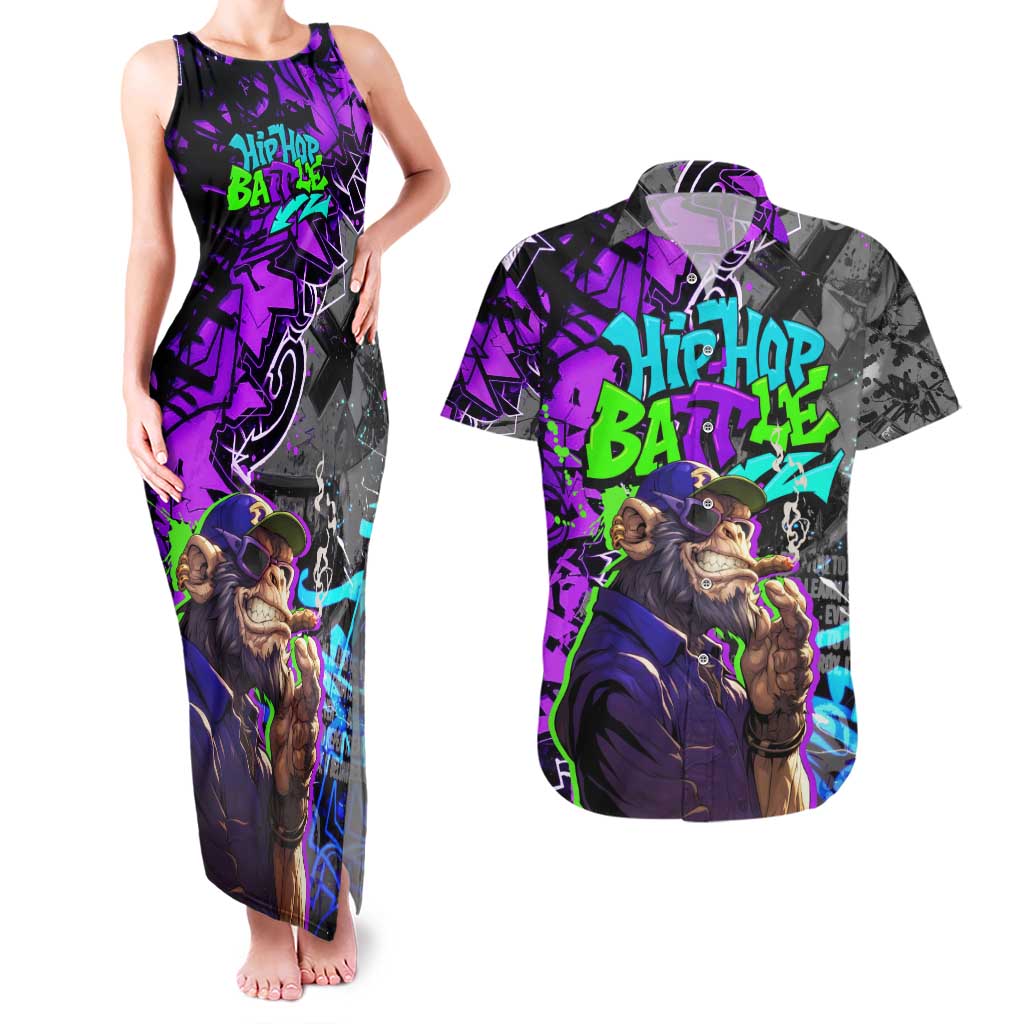 Hip Hop Battle Couples Matching Tank Maxi Dress and Hawaiian Shirt Smoking Ape Character and Purple Green Graffiti Street Art Design - Wonder Print Shop