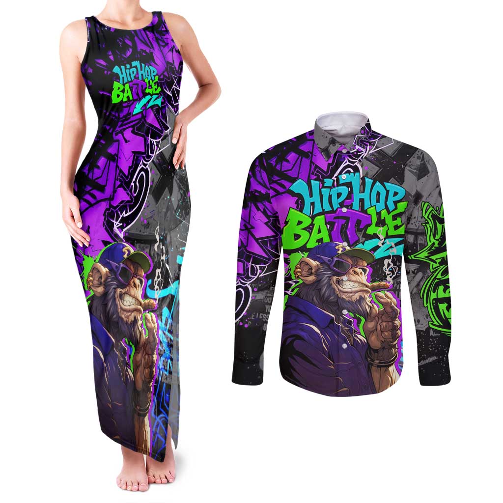 Hip Hop Battle Couples Matching Tank Maxi Dress and Long Sleeve Button Shirt Smoking Ape Character and Purple Green Graffiti Street Art Design - Wonder Print Shop