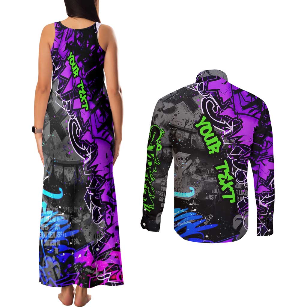 Hip Hop Battle Couples Matching Tank Maxi Dress and Long Sleeve Button Shirt Smoking Ape Character and Purple Green Graffiti Street Art Design - Wonder Print Shop