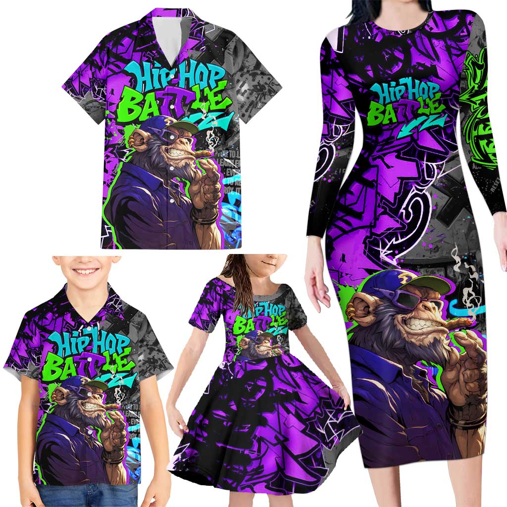 Hip Hop Battle Family Matching Long Sleeve Bodycon Dress and Hawaiian Shirt Smoking Ape Character and Purple Green Graffiti Street Art Design - Wonder Print Shop