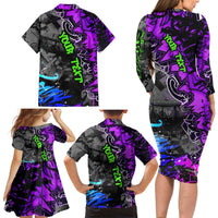 Hip Hop Battle Family Matching Long Sleeve Bodycon Dress and Hawaiian Shirt Smoking Ape Character and Purple Green Graffiti Street Art Design - Wonder Print Shop