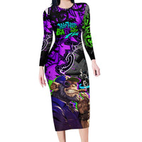 Hip Hop Battle Family Matching Long Sleeve Bodycon Dress and Hawaiian Shirt Smoking Ape Character and Purple Green Graffiti Street Art Design - Wonder Print Shop