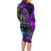 Hip Hop Battle Family Matching Long Sleeve Bodycon Dress and Hawaiian Shirt Smoking Ape Character and Purple Green Graffiti Street Art Design - Wonder Print Shop