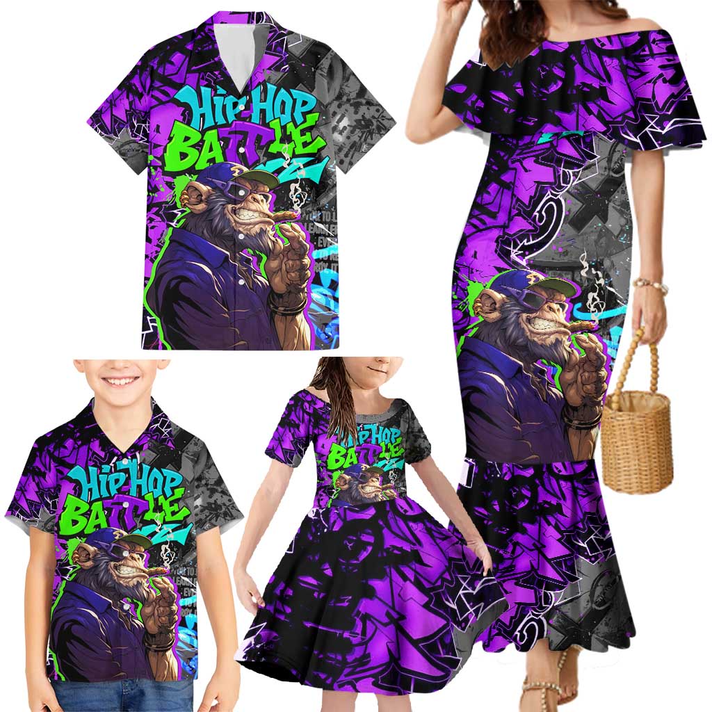 Hip Hop Battle Family Matching Mermaid Dress and Hawaiian Shirt Smoking Ape Character and Purple Green Graffiti Street Art Design - Wonder Print Shop