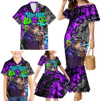 Hip Hop Battle Family Matching Mermaid Dress and Hawaiian Shirt Smoking Ape Character and Purple Green Graffiti Street Art Design - Wonder Print Shop
