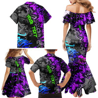 Hip Hop Battle Family Matching Mermaid Dress and Hawaiian Shirt Smoking Ape Character and Purple Green Graffiti Street Art Design - Wonder Print Shop