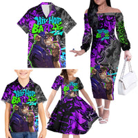 Hip Hop Battle Family Matching Off The Shoulder Long Sleeve Dress and Hawaiian Shirt Smoking Ape Character and Purple Green Graffiti Street Art Design - Wonder Print Shop