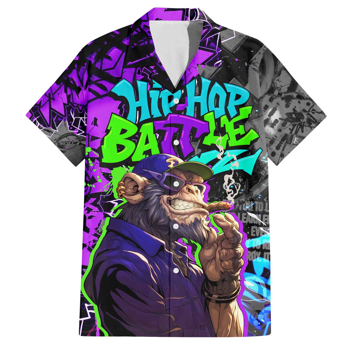 Hip Hop Battle Family Matching Off The Shoulder Long Sleeve Dress and Hawaiian Shirt Smoking Ape Character and Purple Green Graffiti Street Art Design - Wonder Print Shop
