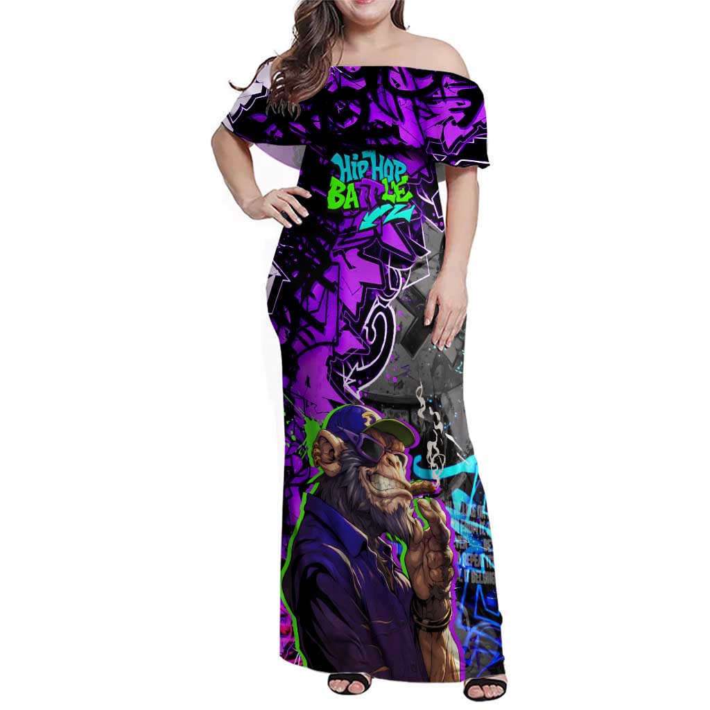 Hip Hop Battle Family Matching Off Shoulder Maxi Dress and Hawaiian Shirt Smoking Ape Character and Purple Green Graffiti Street Art Design - Wonder Print Shop