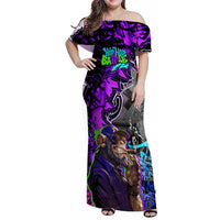 Hip Hop Battle Family Matching Off Shoulder Maxi Dress and Hawaiian Shirt Smoking Ape Character and Purple Green Graffiti Street Art Design - Wonder Print Shop