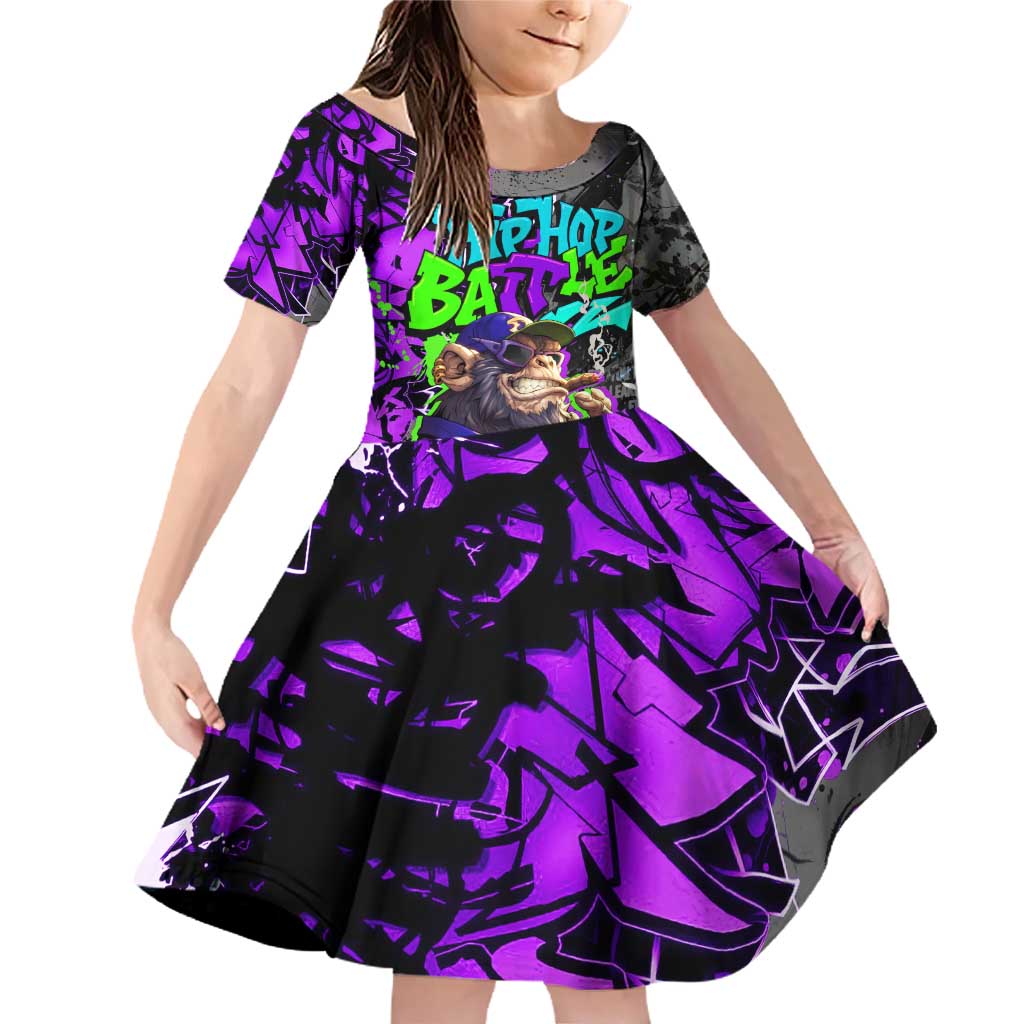 Hip Hop Battle Family Matching Off Shoulder Short Dress and Hawaiian Shirt Smoking Ape Character and Purple Green Graffiti Street Art Design - Wonder Print Shop