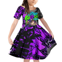 Hip Hop Battle Family Matching Off Shoulder Short Dress and Hawaiian Shirt Smoking Ape Character and Purple Green Graffiti Street Art Design - Wonder Print Shop
