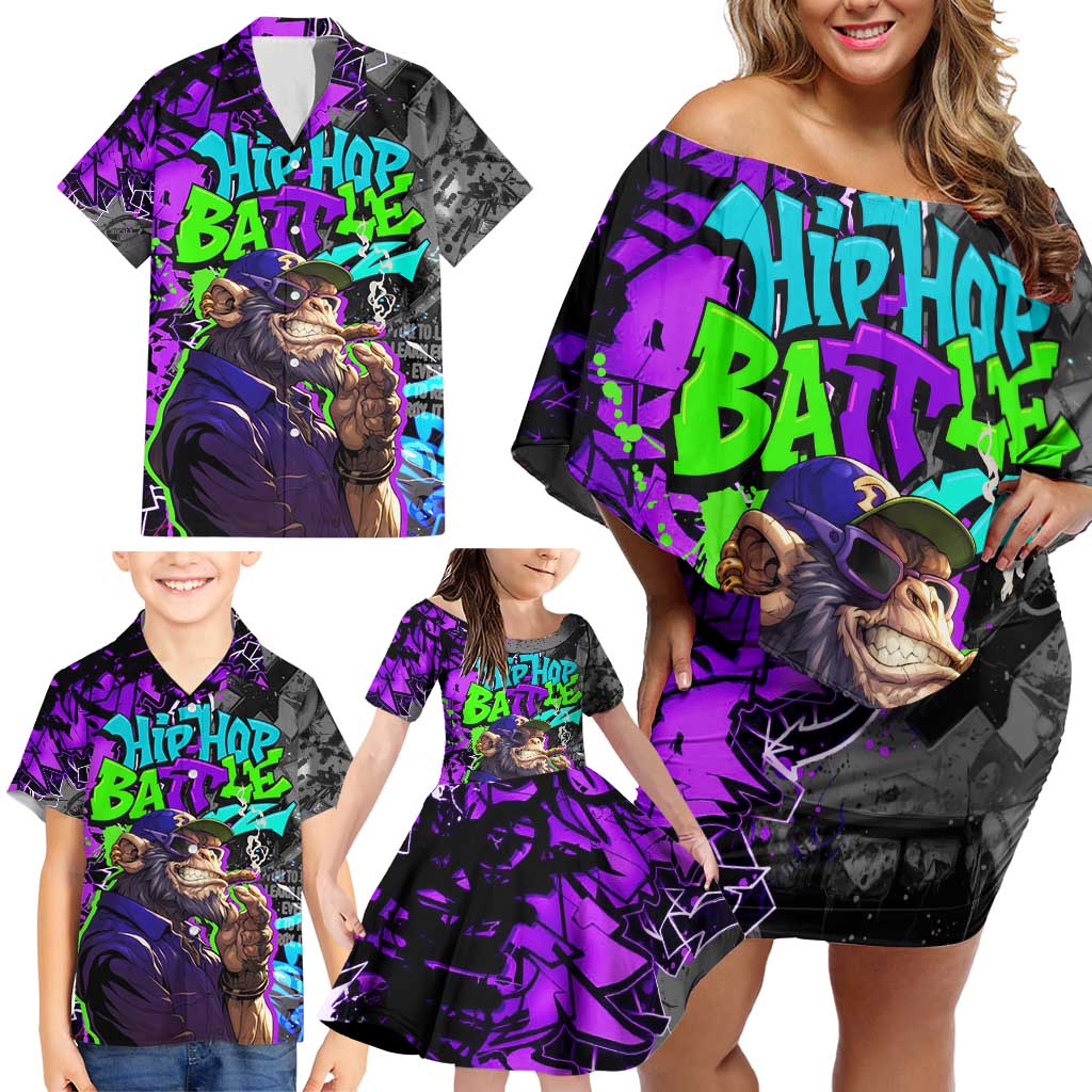 Hip Hop Battle Family Matching Off Shoulder Short Dress and Hawaiian Shirt Smoking Ape Character and Purple Green Graffiti Street Art Design - Wonder Print Shop
