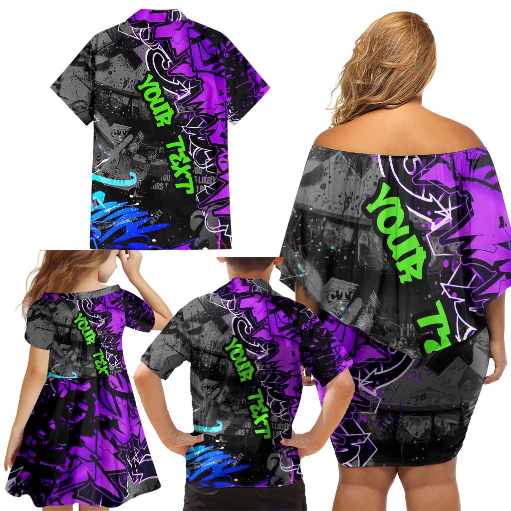 Hip Hop Battle Family Matching Off Shoulder Short Dress and Hawaiian Shirt Smoking Ape Character and Purple Green Graffiti Street Art Design - Wonder Print Shop