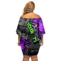 Hip Hop Battle Family Matching Off Shoulder Short Dress and Hawaiian Shirt Smoking Ape Character and Purple Green Graffiti Street Art Design - Wonder Print Shop