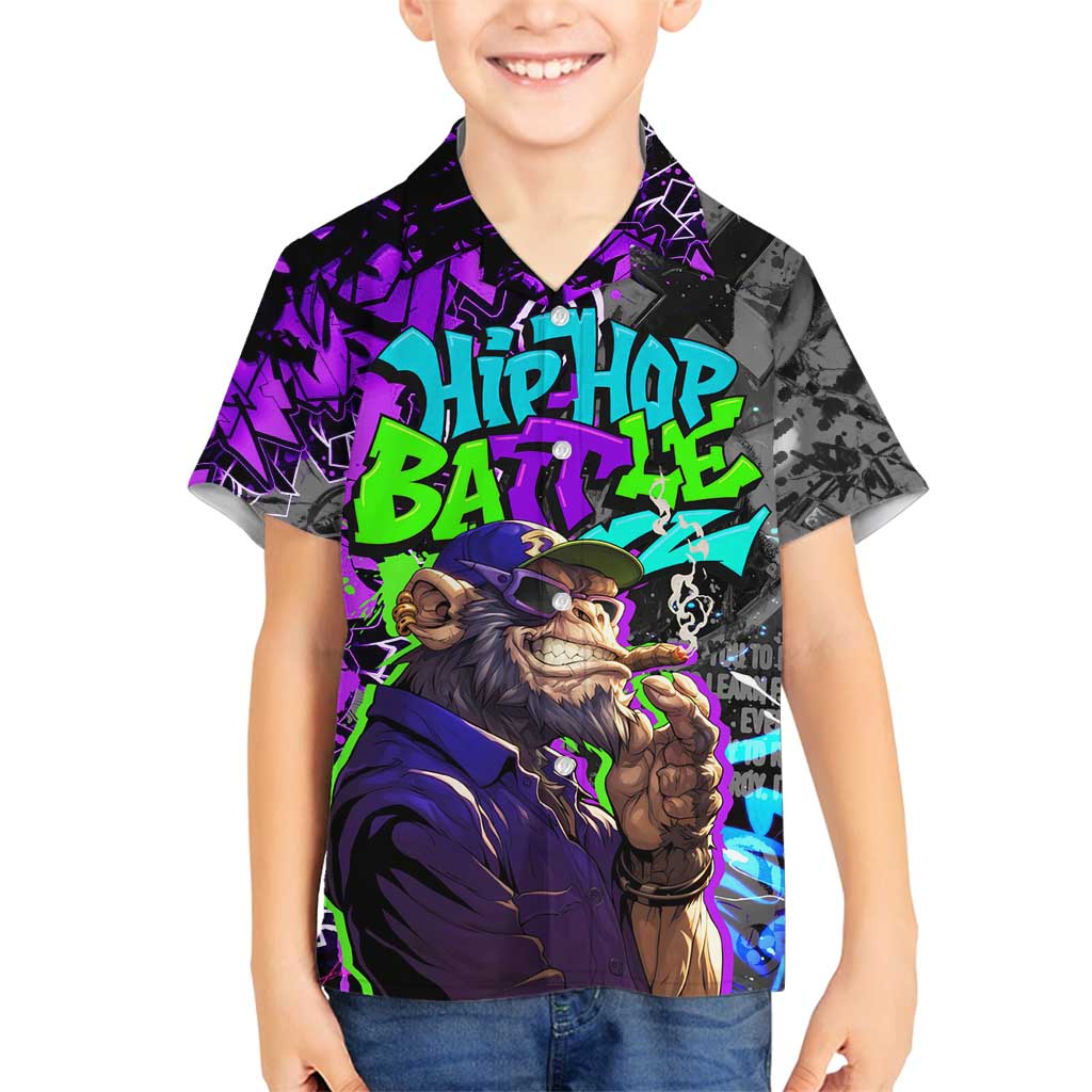 Hip Hop Battle Family Matching Off Shoulder Short Dress and Hawaiian Shirt Smoking Ape Character and Purple Green Graffiti Street Art Design - Wonder Print Shop