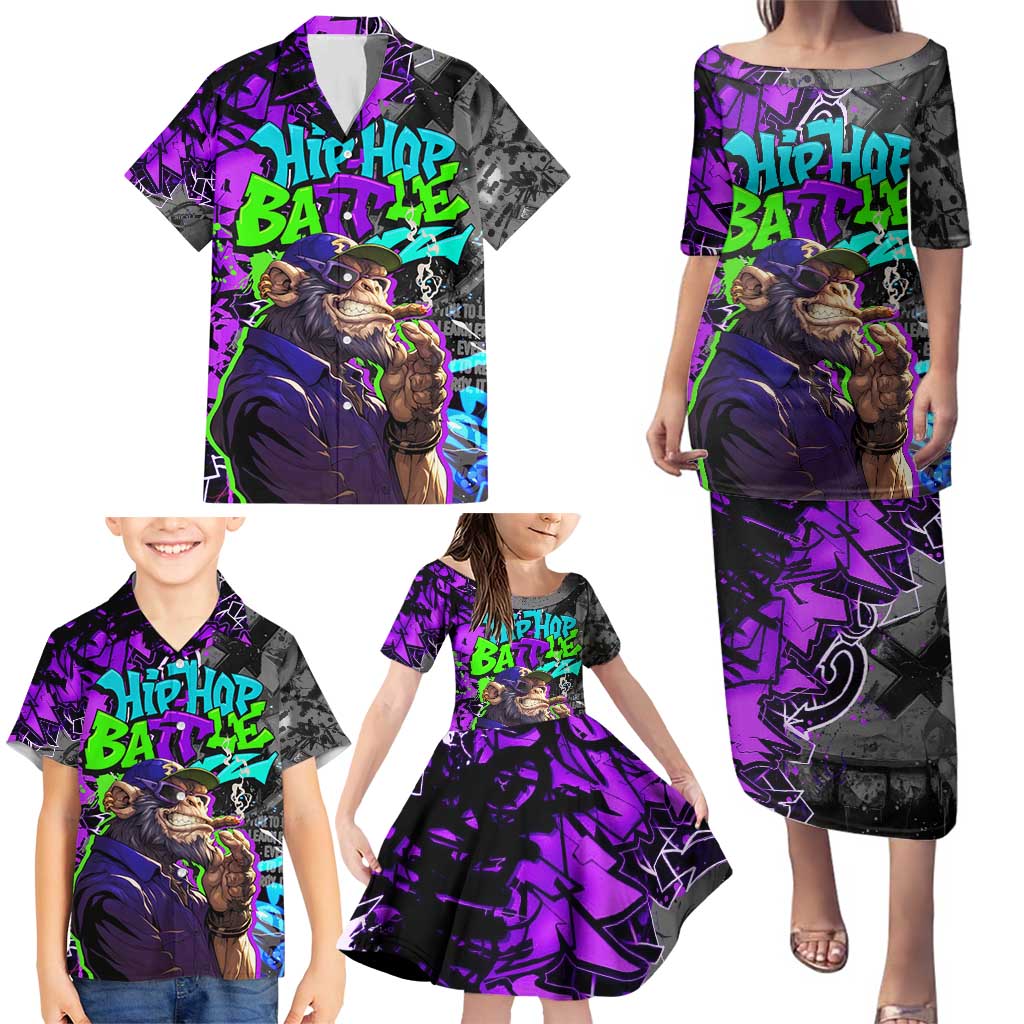 Hip Hop Battle Family Matching Puletasi and Hawaiian Shirt Smoking Ape Character and Purple Green Graffiti Street Art Design - Wonder Print Shop