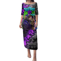 Hip Hop Battle Family Matching Puletasi and Hawaiian Shirt Smoking Ape Character and Purple Green Graffiti Street Art Design - Wonder Print Shop