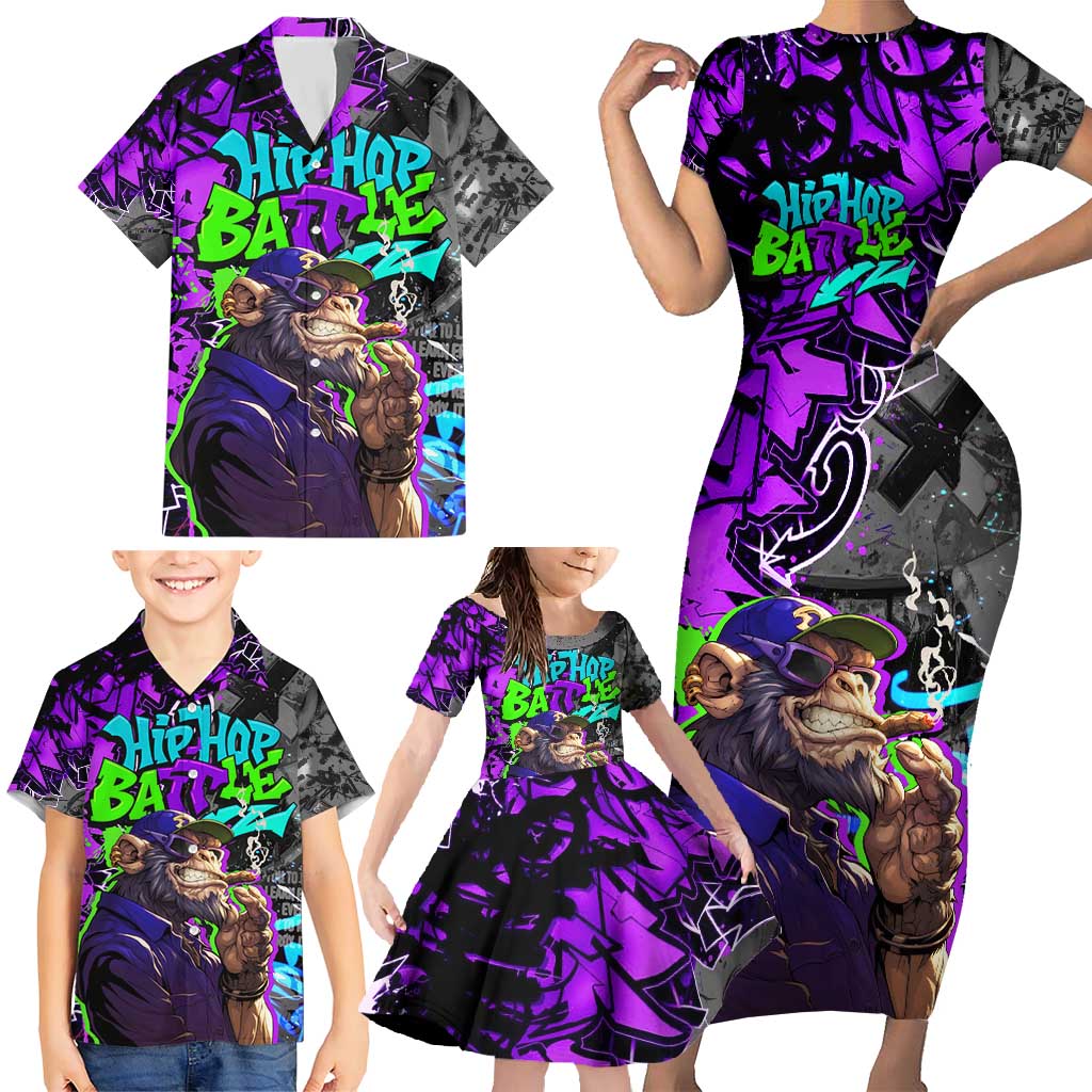 Hip Hop Battle Family Matching Short Sleeve Bodycon Dress and Hawaiian Shirt Smoking Ape Character and Purple Green Graffiti Street Art Design - Wonder Print Shop
