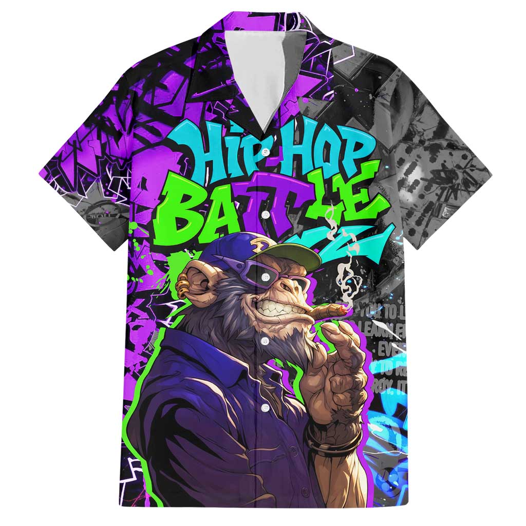 Hip Hop Battle Family Matching Short Sleeve Bodycon Dress and Hawaiian Shirt Smoking Ape Character and Purple Green Graffiti Street Art Design - Wonder Print Shop